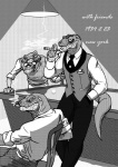 anthro ball billiard_ball billiards cigar classy clothed clothing cue_ball eyewear glasses group lamp male smoke smoking stippling tail tone_work schbelt crocodile crocodilian reptile scalie snake absurd_res greyscale hi_res monochrome