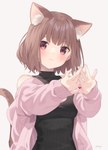 blush breasts brown_hair clothing female hair jacket looking_at_viewer simple_background solo sweater topwear turtleneck white_background jimmy_madomagi animal_humanoid cat_humanoid felid felid_humanoid feline feline_humanoid humanoid mammal mammal_humanoid 2021 absurd_res hi_res