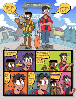 backpack bodily_fluids clothing dialogue duo flip_flops footwear male not_furry plant sandals shoes sky speech_bubble suitcase sweat sweatdrop text tree young young_male romecartoons human mammal comic english_text hi_res