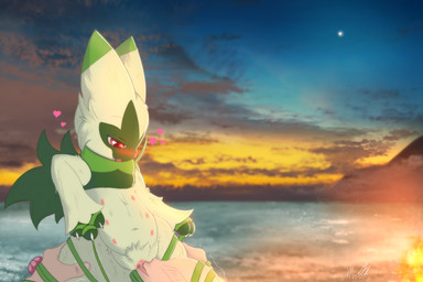 anthro blush bodily_fluids bound crotch_tuft cunnilingus duo faceless_character female fire fur genital_fluids genitals green_body green_fur heart_symbol human_on_anthro interspecies male male/female multi_nipple nipples nude oral pokephilia seaside sex sunset tuft vaginal vulva mr._fs nintendo pokemon felid feline floragato generation_9_pokemon human mammal pokemon_(species) 3:2 digital_media_(artwork) hi_res signature