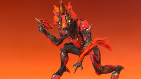 3_fingers ambiguous_gender anthro arm_feathers arm_tuft crouching digitigrade face_covered feather_hair feathered_crest feathers fingers full_armor glowing glowing_eyes gradient_background grey_body grey_scales gun head_crest holding_gun holding_object holding_ranged_weapon holding_weapon looking_at_viewer needler open_mouth pseudo_hair ranged_weapon red_body red_feathers scales scuted_hands scutes sharp_teeth simple_background solo spurs_(anatomy) tail tail_feathers teeth tuft weapon yellow_eyes silent_sfm halo_(series) microsoft xbox_game_studios alien avian kig-yar scalie t'vaoan 16:9 3d_(artwork) 4k absurd_res colored digital_media_(artwork) hi_res source_filmmaker_(artwork) widescreen