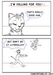 2017 anthro black_nose bottomwear canid canine canis canisfidelis clothed clothing comic dialogue duo english_text eye_through_hair eyebrow_through_hair eyebrows eyes_closed falling felid hair heart_symbol hi_res hoodie humor male mammal monochrome neck_tuft okami_wolf open_mouth panicking pantherine pants ponytail pun running shirt shorts simple_background solo speech_bubble striped_body stripes teeth text tiger tongue topwear translucent translucent_hair tuft visual_pun vrock wolf