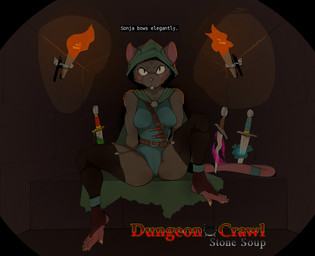 alternate_species anthro blush breasts buckteeth cape claws clothed clothing dagger dart dungeon feet female fur garter_belt garter_straps headgear hood inside legwear looking_at_viewer melee_weapon skinsuit solo spread_legs spreading stockings tail teeth text thick_thighs thigh_highs tight_clothing toes torch weapon gompami dungeon_crawl_stone_soup sonja mammal mouse murid murine rat rodent english_text