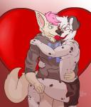 anthro anthro_on_anthro black_ears black_nose blue_eyes bottomwear clothed clothing duo fur hair hand_on_leg heart_background heart_symbol hoodie licking male male/male neck_tuft pants pink_hair red_background red_eyes simple_background smile spots standing tan_body tan_ears tan_fur tongue tongue_out topless topwear tuft white_body white_fur white_hair kawfee canid canine canis dalmatian domestic_dog mammal wolf 2017 absurd_res cel_shading digital_media_(artwork) hi_res shaded