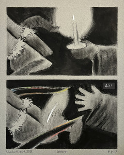 5_fingers ambiguous_gender anthro border candle cloak clothing dropping_object duo fingers hooves surprised tentacles text sharkinthepark 2026 4:5 absurd_res charcoal_(artwork) comic english_text greyscale hi_res monochrome spot_color traditional_media_(artwork)