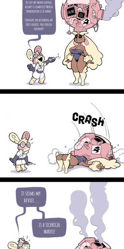 antennae_(anatomy) arm_tuft armor barefoot black_sclera breasts brown_body brown_fur cleavage clothed clothing coat computer_monitor controller dialogue ear_pattern ear_piercing eyewear falling feet female fur gloves goggles handwear headgear helmet humor impact jumping lab_coat leg_tuft leotard mind_control motion_lines multicolored_body multicolored_fur open_mouth overjoyed piercing pink_eyes red_body red_fur remote_control road_sign satellite_dish scientist smile smoke speech_bubble surprised tan_body tan_fur tech_control text topwear tuft yellow_body yellow_fur hypnodoe hypnovember nintendo pokemon generation_3_pokemon generation_4_pokemon lagomorph lopunny mammal pokemon_(species) spinda absurd_res comic english_text hi_res signature tagme nonbinary_(lore)