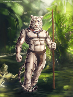abs anthro bottomwear bulge clothing creek fist forest fur holding_melee_weapon holding_object holding_polearm holding_spear holding_weapon jewelry jungle loincloth looking_at_viewer male melee_weapon muscular navel necklace nipples open_mouth outside partially_submerged pecs plant polearm river solo spear text tree tribal weapon white_body white_fur satanic_monkey felid mammal pantherine tiger 2018 3:4 hi_res url
