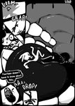 anthro black_and_white black_tounge chimera comic digital_media_(artwork) duo english_text extreme_size_difference hi_res inside_mouth mammal micro monochrome mosquitostew mouth_shot nude open_mouth oral_vore size_difference speech_bubble teeth text tongue uvula vore