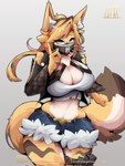 anthro blonde_hair breasts brown_body brown_fur cleavage clothed clothing ears_up female fur green_eyes hair inner_ear_fluff looking_at_viewer mask multicolored_body multicolored_fur shirt solo striped_body striped_fur stripes tail tank_top thick_thighs topwear tuft white_body white_fur wide_hips yellow_body yellow_fur sketchy_protogen mihoyo zenless_zone_zero pulchra_fellini domestic_cat felid feline felis mammal hi_res