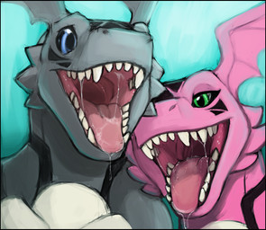 ambiguous_gender anthro black_sclera blue_eyes bodily_fluids detailed_mouth drooling duo fangs front_view gaping_mouth green_eyes grey_body mouth_shot nude nude_ambiguous nude_anthro open_mouth pink_body pink_tongue saliva saliva_on_tongue saliva_string simple_background teeth tongue unsigned white_body acidic bandai_namco digimon digimon_(species) guilmon