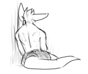 anthro big_ears clothed clothing hair male male_anthro rear_view short_hair simple_background sitting solo tail topless solaxe_(artist) solaxe kangaroo macropod mammal marsupial hi_res monochrome sketch