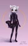 anthro breasts clothed clothing female fur hair latex latex_clothing latex_skinsuit looking_at_viewer orange_eyes plantigrade rubber_clothing skinsuit small_breasts smile solo standing tight_clothing white_body white_fur white_hair coonkun arctic_fox canid canine fox mammal true_fox hi_res