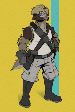 anthro belt belt_buckle belt_pouch blonde_hair boots bottomwear buckle clothing footwear gloves gun hair handwear harness hidden_eyes male muscular muscular_anthro muscular_male pants ranged_weapon shirt shoes solo strong_fat tail tank_top topwear weapon mawkvlt trofim_wolverine_(mawkvlt) gulonine mammal mustelid musteline wolverine 2:3 hi_res