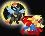 bat_symbol black_background black_clothing blonde_hair blue_body blue_feathers blue_fur clothing costume duo feathered_wings feathers female feral freckles fur green_eyes hair multicolored_hair orange_body orange_fur parody rainbow_hair s-shield simple_background wings blackbewhite2k7 batman_(series) dc_comics friendship_is_magic hasbro my_little_pony mythology applejack_(mlp) batman rainbow_dash_(mlp) superman earth_pony equid equine horse mammal mythological_creature mythological_equine pegasus pony 2013 crossover hi_res