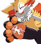 anthro claws duo fangs feet foot_fetish foot_focus fur inner_ear_fluff macro male micro multicolored_body multicolored_fur neck_tuft one_eye_closed open_mouth orange_body orange_fur pawpads paws pink_body pink_fur red_eyes simple_background stepped_on tail teeth toe_claws tuft white_background white_body white_fur wink yellow_body yellow_fur foxkai nintendo pokemon braixen eeveelution generation_6_pokemon pokemon_(species) sylveon hi_res