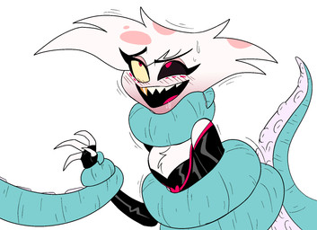 4_arms 4_fingers ambiguous_feral ambiguous_gender anthro anthro_on_feral asphyxiation bestiality black_clothing black_sclera blush blush_lines bodily_fluids breasts chest_tuft choking cleavage clothed clothed_anthro clothing coiling cyanosis drooling duo eye_roll eyelashes female female/ambiguous feral fingers fur gold_(metal) gold_tooth heart_clothing heart_symbol looking_pleasured motion_lines multi_arm multi_limb open_mouth pink_eyes pink_spots restrained_arms saliva sharp_teeth simple_background spots squeezing suckers sweat teal_tentacles teeth tentacle_around_arm tentacle_around_neck tentacle_around_waist tentacle_around_wrist tentacles tuft white_background white_body white_fur yellow_sclera poparc_nsfw hazbin_hotel hellaverse angel_dust aquatic arachnid arthropod cephalopod coleoid demon mollusk octopodiform octopus spider hi_res busty_boy_(lore) male_(lore)