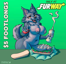 anthro big_breasts breasts curvy_figure food food_fetish food_play genitals gynomorph holding_object intersex mayonnaise penis penis_in_food penis_on_food sandwich_(food) solo standing text rakurawr subway_(restaurant) canid canine canis coyote mammal artist_name english_description english_text hi_res