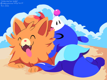 ambiguous_gender blue_body cloud cuddling duo eyes_closed fangs feral fur lying markings on_front open_mouth orange_body orange_fur paws sky tail teeth tongue tongue_out whisker_markings sleepy_sealion nintendo pokemon pokemon_winds_and_waves canid canine generation_10_pokemon generation_7_pokemon mammal pokemon_(species) pombon popplio 2026 4:3 absurd_res dated hi_res signature