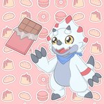 1:1 bandai_namco bread candy ceratopsian chocolate dessert digimon digimon_(species) dinosaur doughnut food gammamon heathecliff kemono male ornithischian pastry prehistoric_species pudding reptile scalie scarf smile solo triceratops yellow_eyes