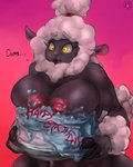 anthro big_breasts birthday birthday_cake breasts cake dessert dialogue female food fur horizontal_pupils mature_anthro mature_female navel nipples pupils solo text thick_thighs wide_hips wool_(fur) yellow_eyes afrometalmizu tumblr sheep_mom bovid caprine mammal sheep 4:5 english_text low_res