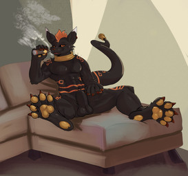 animal_genitalia anthro black_body black_fur black_sclera cigar collar ear_piercing ear_ring feet foot_focus fully_sheathed fur furniture genitals hair heel_pad holy_ring jewelry male markings mohawk nude orange_eyes orange_hair orange_markings pawpads paws piercing ring_piercing sheath sofa text white_markings rdy zgf_art bandai_namco digimon cashel_(razim) fan_character digimon_(species) kudamon 2025 absurd_res english_text hi_res huge_filesize