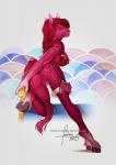 2018 anthro bed braided_hair breasts digital_media_(artwork) equid equine female flower furlana furniture genitals hair hi_res hooves horse looking_at_viewer looking_back mammal nipples nude plant pussy red_hair red_tail shaded simple_background smile solo tail yellow_eyes