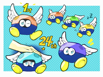 ambiguous_gender blue_background blue_body blue_eyes blush blush_lines bodily_fluids border dotted_background flying green_body looking_at_viewer one_eye_closed pattern_background purple_body red_body simple_background sleeping solo sound_effects tears text vowelless vowelless_sound_effect white_background white_border wings wink winking_at_viewer yellow_body zzz superstaryoshi6 mario_kart_world para-biddybud_(mario) 2025 digital_drawing_(artwork) digital_media_(artwork) english_text flat_colors hi_res procreate_(artwork)