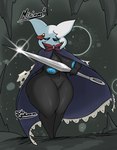 areola big_breasts black_body blue_areola blue_nipples breasts cape clothing featureless_crotch female glint holding_melee_weapon holding_object holding_weapon melee_weapon nipples solo thick_thighs weapon weapon_glint jyto hollow_knight team_cherry fan_character miriam_(hk_fan_character) vessel_(species) hi_res