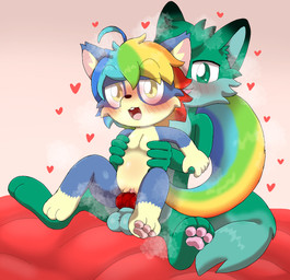 adult_on_young age_difference animal_genitalia animal_penis anthro balls bed belly biped black_nose blue_body blue_fur blush blush_lines breasts canine_genitalia canine_penis duo erection female fleshlight_position fur furniture genitals green_balls green_body green_eyes green_fur green_hair green_tail hair heart_symbol holding_another holding_waist knot lifted male male/female multicolored_hair multicolored_tail on_bed open_mouth pawpads paws penis rainbow_hair rainbow_tail red_bed sex sitting sitting_on_bed size_difference tail tail_around_partner teeth tongue_showing vaginal vulva white_belly yellow_eyes young conditional_dnp frchpk minia_(augustus) canid canine fox mammal rodent sciurid tree_squirrel 2025 shaded