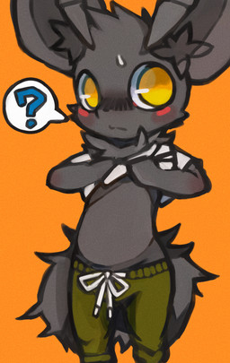 anthro black_body black_fur blush bodily_fluids clothed clothing clothing_lift drawstring fluffy fluffy_tail fur glistening glistening_eyes jogger kemono looking_away no_pupils orange_background orange_eyes question_mark raised_clothing raised_shirt raised_topwear shirt simple_background speech_bubble sweat sweatdrop t-shirt tail topwear white_clothing white_shirt white_topwear young dinogaize mighty_(dinogaize) 2015