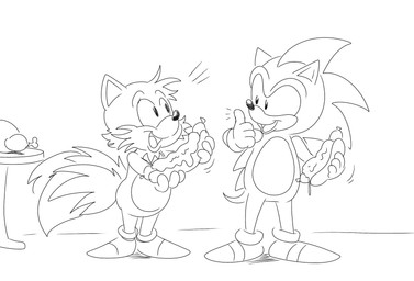 2_tails anthro big_nose chili_dog clothing duo food footwear furniture gesture hand_gesture hot_dog male meat multi_tail open_mouth open_smile quills_(anatomy) shoes smile table tail thumbs_up turkey_meat floofyboyetime sega sonic_the_hedgehog_(series) miles_prower sonic_the_hedgehog canid canine eulipotyphlan fox hedgehog mammal hi_res monochrome sketch sketch_page