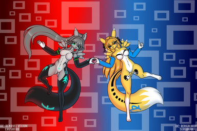 3_toes 4_fingers anthro breasts collaborative collaborative_gesture collaborative_heart_gesture duo feet female female/female fingers geometric_background gesture gradient_background heart_gesture medium_breasts simple_background toes crushtar bandai_namco digimon renavel rengalmon digimon_(species) hybrid renamon 3:2 hi_res