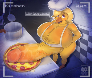 anthro balls balls_as_fake_breasts big_balls big_breasts big_butt big_penis bodily_fluids breasts butt camera camera_view crossgender fake_breasts food food_fetish food_play foreskin ftg_crossgender fti_crossgender genitals gynomorph hand_on_penis high-angle_view huge_balls huge_breasts huge_penis hyper hyper_balls hyper_breasts hyper_genitalia hyper_penis intersex kitchen kitchen_utensils overweight penis penis_on_food pizza solo speech_bubble sweat sweatdrop sweaty_balls sweaty_breasts sweaty_genitalia text tools vein veiny_penis wide_hips mirok five_nights_at_freddy's scottgames chica_(fnaf) avian bird chicken galliform phasianid english_text hi_res