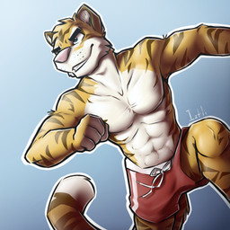 anthro blue_eyes clothed clothing male smile solo topless topless_male iztli felid mammal pantherine tiger 1:1 2015 hi_res signature