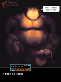 barazoku belly big_belly big_penis bodily_fluids darkness dripping erection for_a_head game_ui genital_fluids genitals glowing_face jack-o'-lantern male musclegut muscular pecs penis precum precum_drip pumpkin_head smug_expression solo speech_bubble text mikrogoat deltarune undertale_(series) jackenstein darkner humanoid monster object_head english_text hi_res