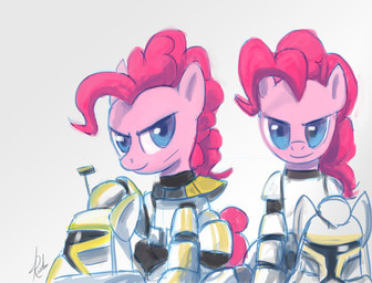 armor blue_eyes clone clone_troopers duo female feral hair headgear helmet pink_body pink_hair scar simple_background white_background raikoh-illust friendship_is_magic hasbro my_little_pony star_wars pinkie_pie_(mlp) earth_pony equid equine horse mammal pony 2012 crossover