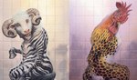 ambiguous_gender anthro avian_caruncle beak biped blue_eyes chest_tuft claws comb_(anatomy) curled_horn duo feathers fur head_crest horn markings open_mouth orange_body orange_feathers sitting spots spotted_body striped_body striped_fur stripes tail tile tile_wall tuft wall_(structure) what_has_science_done kev_walker hasbro magic:_the_gathering wizards_of_the_coast avian bird bovid caprine chicken equid equine felid galliform gallus_(genus) hybrid leopard mammal pantherine phasianid sheep zebra 2017 official_art