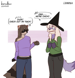 anthro belt blush bottomwear casual_clothing clothing dialogue duo embarrassed eyewear female glasses hair hat headgear headwear jewelry long_hair looking_away looking_down looking_down_at_self necklace pants simple_background speech_bubble surprised sweater tail talking_to_another text topwear wearing_glasses witch_hat borealhao lamapola rye_(lamapola) vinea_(lamapola) domestic_ferret mammal mustelid musteline procyonid raccoon true_musteline weasel 2025 absurd_res dated english_text hi_res signature