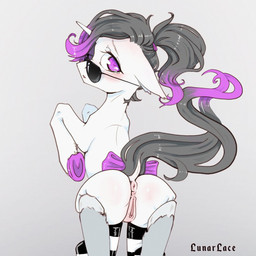 accessory animal_genitalia animal_vulva anus blush bow_(feature) bow_accessory bow_ribbon butt dock_(anatomy) ears_back equine_genitalia equine_vulva eyewear female feral fur furgonomics genitals grey_mane grey_tail hair highlights_(coloring) hooves horn looking_at_viewer looking_back mane on_hind_legs pivoted_ears ponytail puffy_anus purple_eyes purple_highlights quadruped raised_tail rear_view ribbons simple_background solo sunglasses tail tail_accessory tail_bow tail_ribbon text underhoof vulva white_background white_body white_fur lunarlacepony hasbro my_little_pony mythology fan_character hazel_radiate_(oc) equid equine mammal mythological_creature mythological_equine unicorn 1:1 2021 english_text hi_res signature