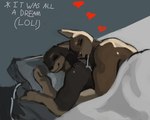 anthro bed bodily_fluids brown_body brown_fur drooling duo female fur furniture heart_symbol holding_partner husband_and_wife male male/female married_couple saliva sleeping murlbius daniel_porter tracy_porter canid canine canis dobermann domestic_dog mammal pinscher