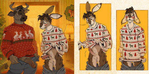 2_horns 5_fingers anthro balls blush blush_lines bottomwear bottomwear_down brown_body brown_eyes brown_fur brown_hair cheek_tuft christmas_decorations christmas_ornament christmas_tree clothed clothing denim denim_bottomwear denim_clothing duo ear_piercing embarrassed erection facial_tuft fingers fur genitals grey_body grey_fur hair holidays horn inside jeans long_ears looking_at_another looking_at_another's_penis looking_at_genitalia looking_at_own_penis looking_at_penis looking_at_self male one_eye_closed ornament pants pants_down partially_clothed penis penis_size_difference piercing plant short_hair tail tan_body tan_fur tree tuft white_body white_fur yanus_(artist) christmas zeeb_(zeebthehare) bovid bovine cattle hare lagomorph leporid mammal digital_media_(artwork) hi_res portrait three-quarter_portrait