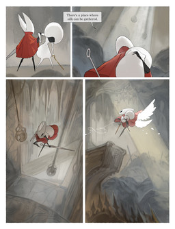 anthro biped black_body black_eyes border carrying_another cloak clothing detailed_background dialogue duo empty_eyes eyes_closed feathered_wings feathers female female_anthro female_humanoid holding_another hornet's_needle mouthless red_cloak red_clothing speech_bubble talking_to_another text unconscious white_body white_border wings darkdog hollow_knight:_silksong hollow_knight_(franchise) team_cherry hornet_(hollow_knight) lace_(hollow_knight:_silksong) arthropod humanoid 2025 absurd_res comic digital_drawing_(artwork) digital_media_(artwork) english_text hi_res