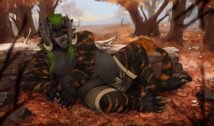 anthro black_body black_fur clothed clothing countershade_face countershade_torso countershading detailed_background fur green_eyes green_hair hair horn looking_at_viewer lying male male_anthro on_side orange_body orange_fur outside overweight overweight_anthro overweight_male plant smile solo spread_legs spreading striped_body striped_fur stripes tail topless topless_anthro topless_male tree whisker_spots whiskers i-psilone guild_wars solivan_thickgut charr felid mammal 2021