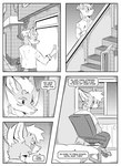 absurd_res anthro bed black_and_white blinds building canid canine chair clothed clothing comic dialogue door duo english_text fox furniture hi_res hybrid inner_ear_fluff inside kif_yppreah kifyun2 male mammal monochrome raphael_yppreah sibling_(lore) simple_background sitting speech_bubble stairs text tuft window