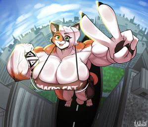 4_toes 5_fingers anthro big_breasts black_body black_fur breasts building claws clothing eyebrows eyelashes feet female fingers fur gesture green_eyes hand_gesture high-angle_view huge_breasts looking_at_viewer macro macro_anthro macro_female multicolored_body multicolored_fur muscular muscular_anthro muscular_arms muscular_female muscular_thighs open_mouth orange_body orange_fur orange_tongue solo tail text text_on_clothing text_on_topwear toe_claws toes tongue topwear v_sign white_body white_fur mrmelted sarah_(mrmelted) domestic_cat felid feline felis mammal 2026 absurd_res artist_name dated hi_res