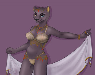 anthro belly_dancer breasts clothed clothing female harem harem_outfit heterochromia jewelry navel necklace nipples ring skimpy smile solo translucent translucent_clothing veil lichidoki_(artist) felid feline mammal 2017