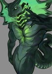 anthro glowing glowing_body glowing_eyes glowing_hood green_body green_scales looking_at_viewer male piercing scales smile smirk solo lbt9000 veleno_(staircat) cobra reptile scalie snake absurd_res hi_res