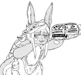 ambiguous_gender anthro bread clothing food open_mouth solo text baalbuddy made_in_abyss wonder_bread nanachi lagomorph leporid mammal narehate rabbit absurd_res english_text hi_res monochrome