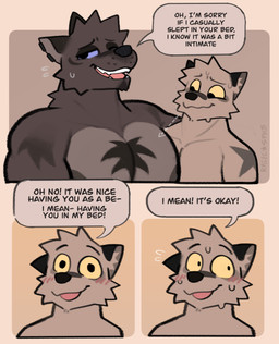 3_panel_comic anthro big_muscles big_pecs blue_sclera blush bodily_fluids brown_body dialogue duo flustered huge_pecs looking_at_chest looking_away male muscular nervous nervous_sweat pecs speech_bubble sweat text yellow_sclera rygel_spkb milo_(rygel_spkb) yoby_(rygel_spkb) canid canine canis domestic_dog mammal wolf absurd_res comic english_text hi_res multiple_scenes