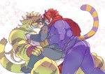 anthro biceps blush butt fur group hair heart_symbol male male/male muscular muscular_anthro muscular_male nipples pecs red_hair slightly_chubby striped_body striped_fur stripes trio kusarikakemono lifewonders tokyo_afterschool_summoners chubby_protagonist_(tas) macan_(tas) nomad_(tas) protagonist_(tas) felid human mammal pantherine tiger